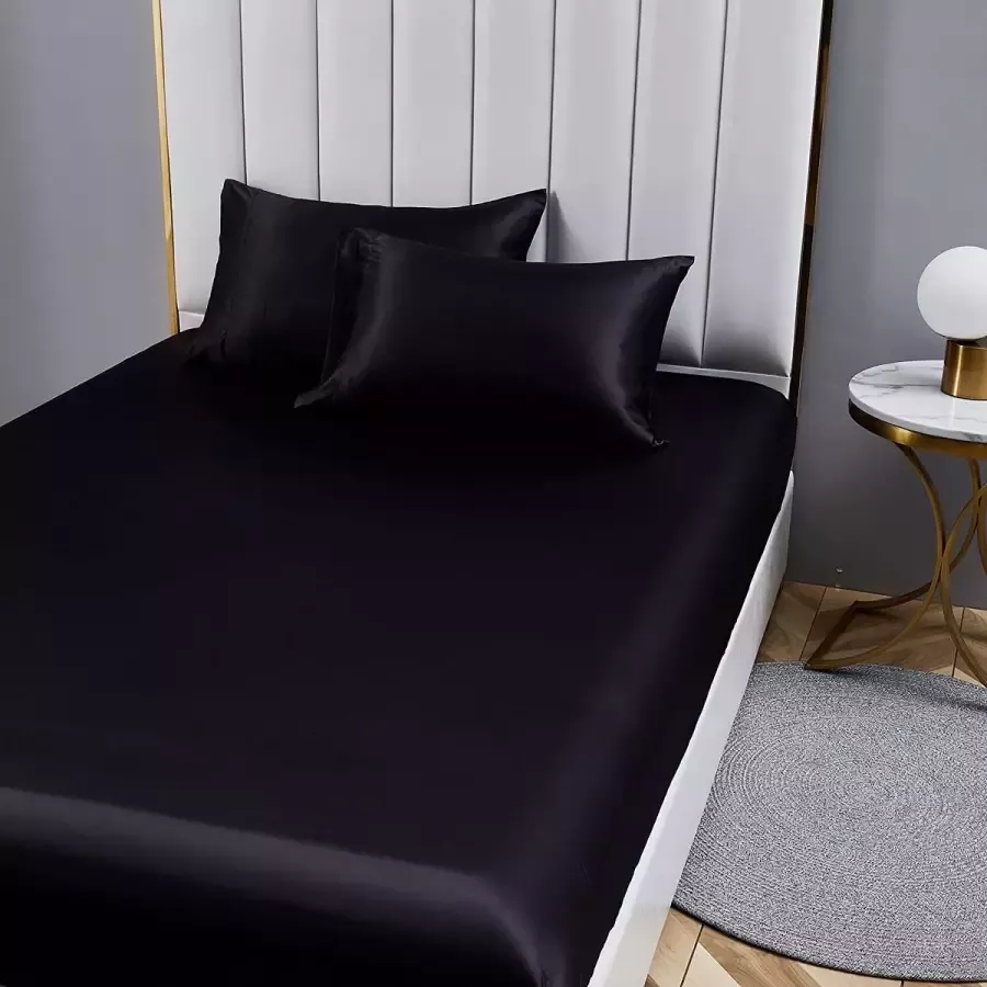 140 x 200 cm zwart satijn zijde glanzend laken hoogwaardig luxe effen hoeslaken geschikt voor matrassen tot 30 cm