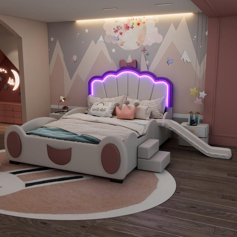 140*200cm Cartoon bed kinderbed vlinder bed LED kleurveranderend licht afstandsbediening uitgerust met glijbaan en ladder PU materiaal mooie vorm roze + wit