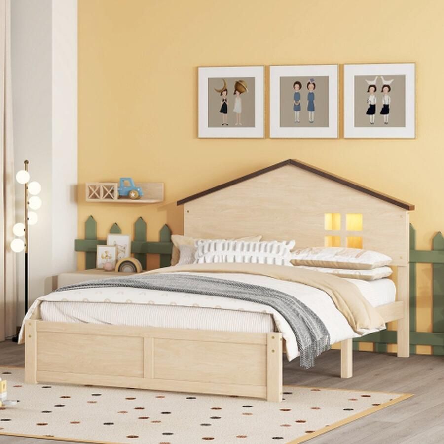 140*200cm huisvormig kinderbed plat bed kleine raamdecoratie LED-nachtlampje massief hout