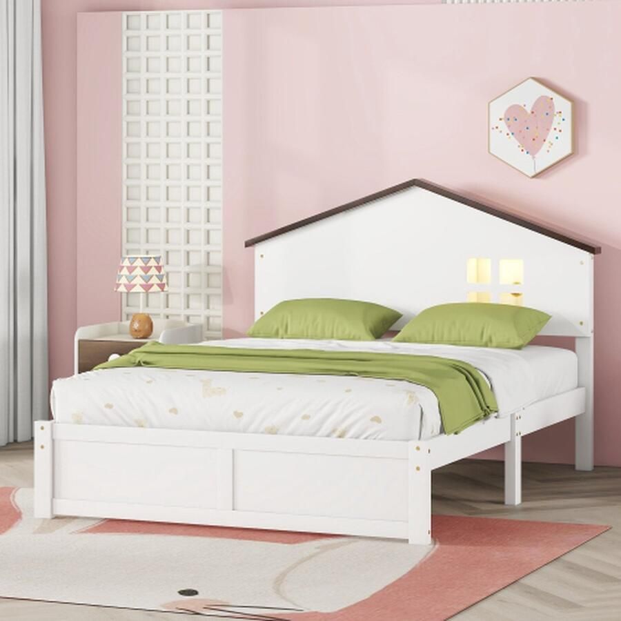 140*200cm huisvormig kinderbed plat bed kleine raamdecoratie LED-nachtlampje massief hout wit