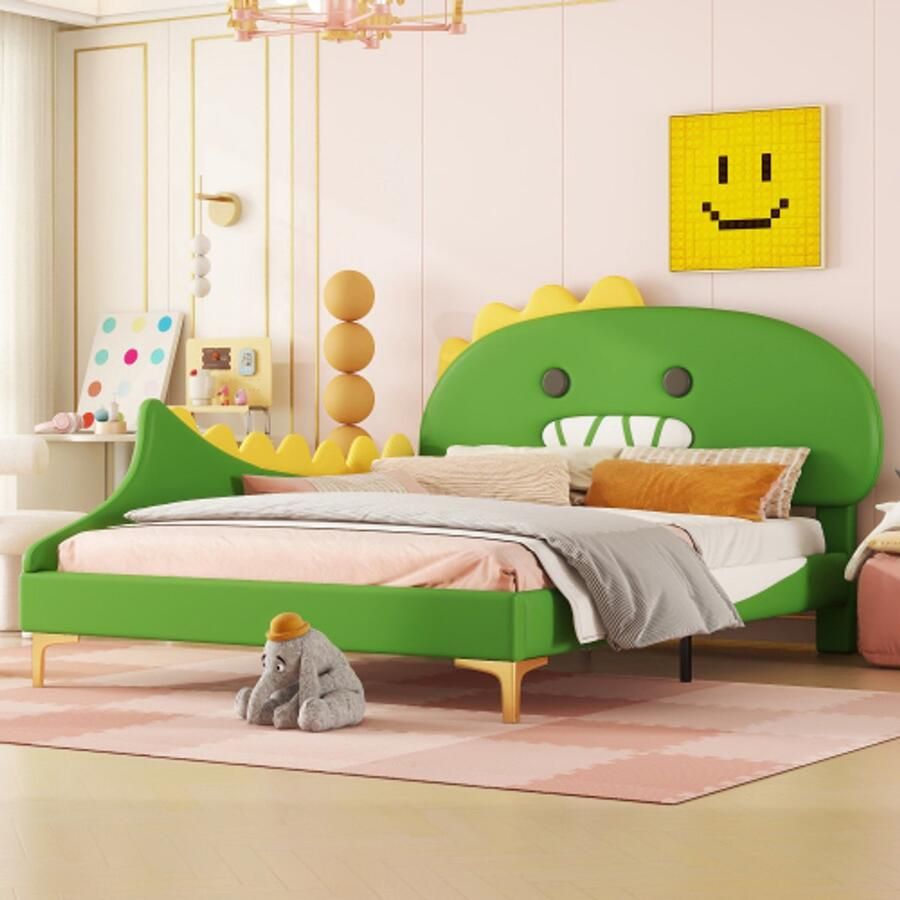 140*200cm kinderbed cartoon dinosaurusvorm vlak bed PU-materiaal groen