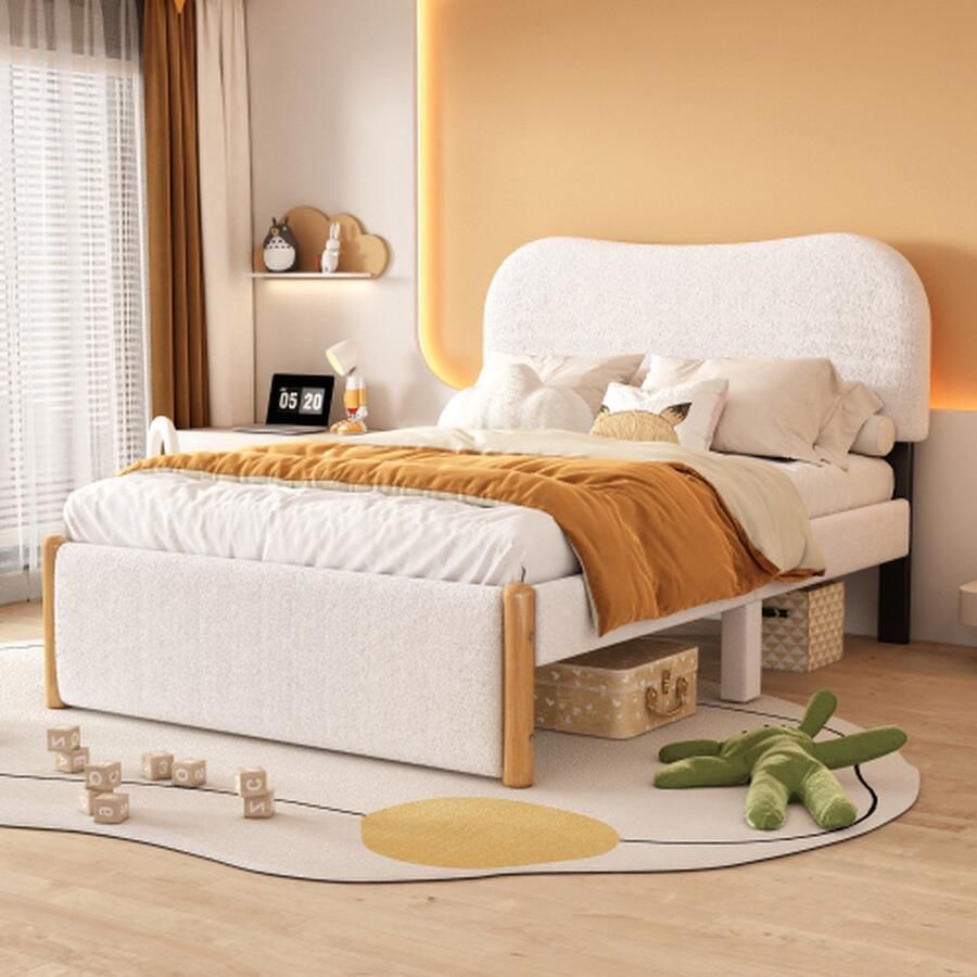 140*200cm plat bed gestoffeerd bed kinderbed wit hoofdeinde minimalistische styling wit
