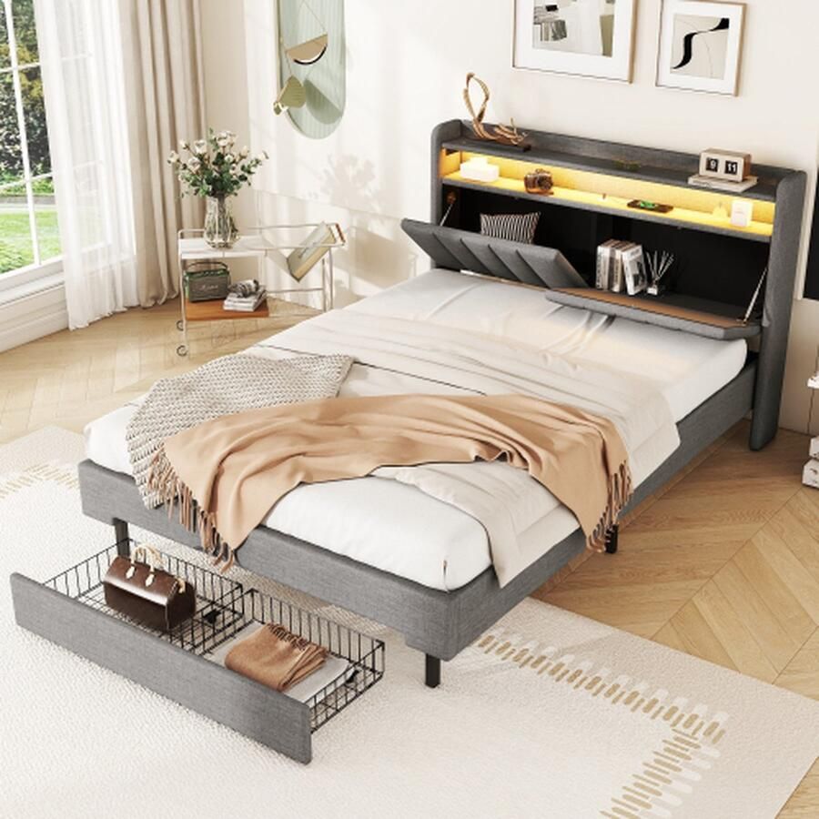 140*200cm plat bed gestoffeerd bed LED-warmtelamp USB-aansluiting opklapbaar hoofdeinde ingebouwd opbergvak