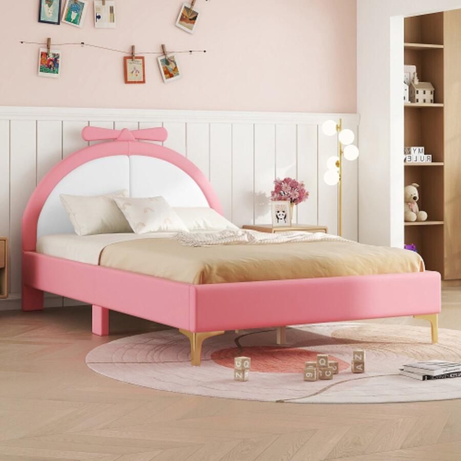 140*200cm plat bed gewatteerd bed comfortabele hoofdeindevulling roze look stijlvol en eenvoudig roze