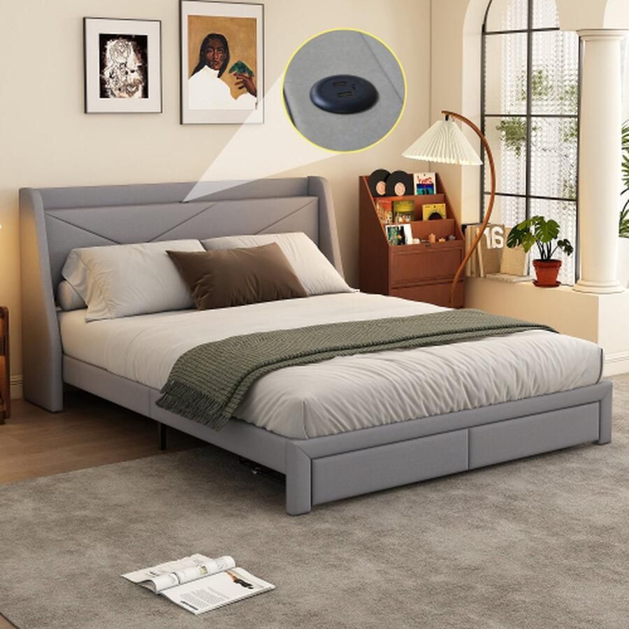 140*200cm plat bed gewatteerd praktisch hoofdeinde ingebouwd opbergvak USB-aansluiting opberglade aan het einde grijs