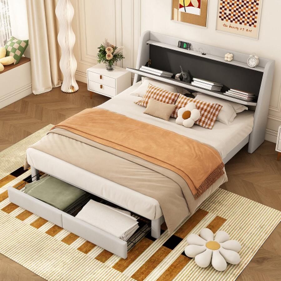 140*200cm plat bed gewatteerd praktisch hoofdeinde ingebouwd opbergvak USB-aansluiting opberglade aan het einde beige