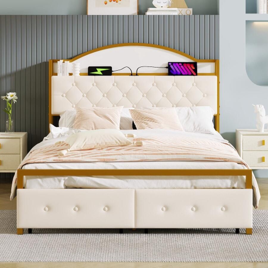 140*200cm plat bed ijzeren frame bed ingebouwd opbergvak in het hoofdeinde USB-aansluiting dubbele lades aan het voeteneind goud