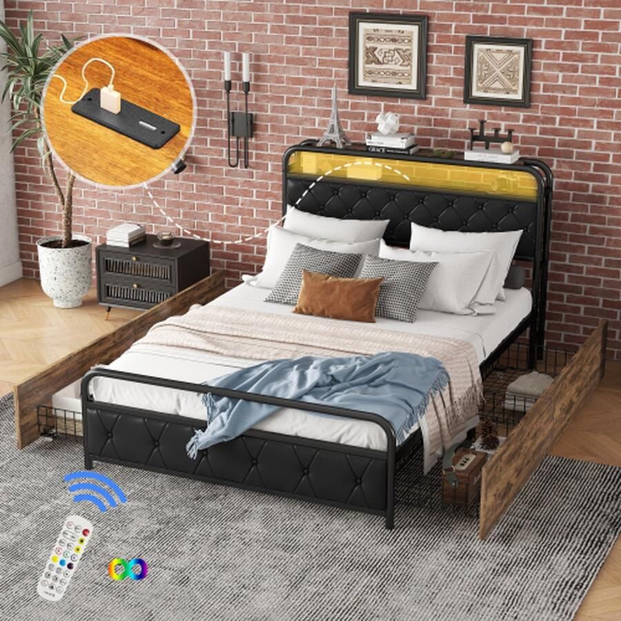 140*200cm plat bed ijzeren frame bed sfeerverlichting op het bed voorzien van USB-aansluitingen bedzijde met 4 lades hoofd- en voeteneindwagen met ruitvormig zwart