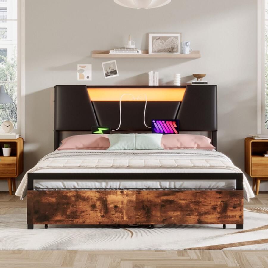 140*200cm plat bed ijzeren framebed bed met kleurveranderlijk omgevingslicht afstandsbediening met 24 toetsen uitgerust met USB-aansluiting zwart + bruin