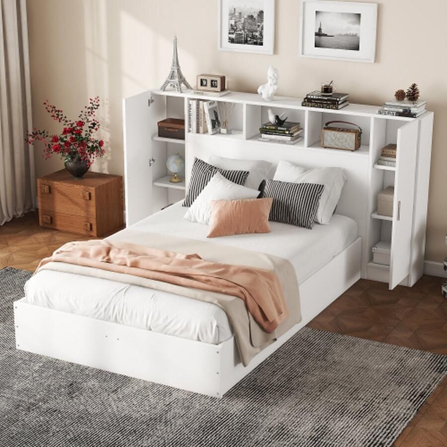 140*200cm plat bed met hoofdeinde en opbergvakken eenvoudige vorm en robuuste constructie wit