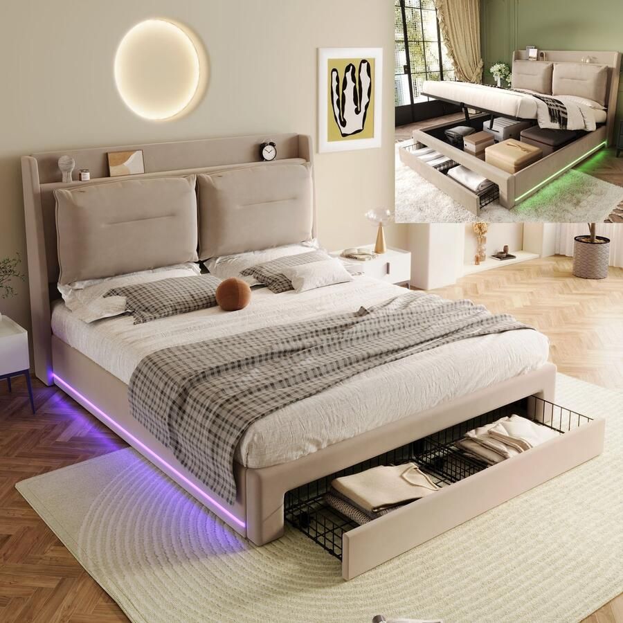 Gotagee Gestoffeerd bed 140x190 hydraulisch bed 2 in 1 opberglades aan het voeteneinde van het bed verzonken LED-lichtstrips aan beide zijden van het bed lattenbodem zonder matras fluweel Beige