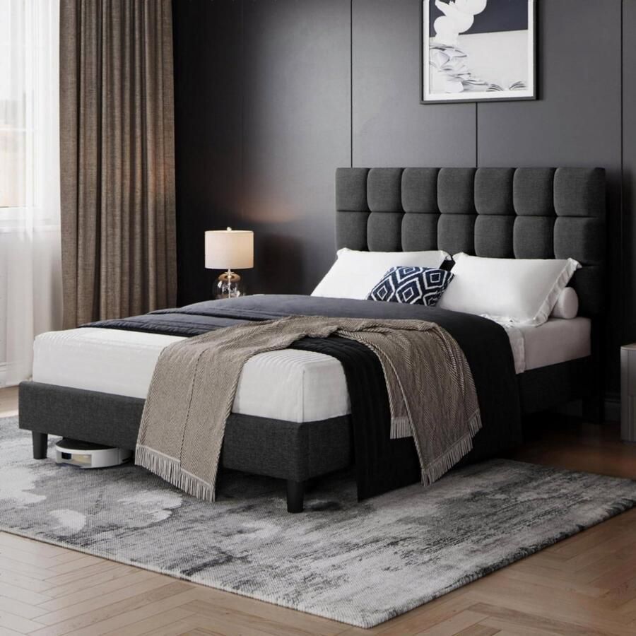 140x200 Donkergrijs Gestoffeerd Bed Verstelbaar Bedframe Hoofdeinde Stabiel Tweepersoonsbed met Lattenbodem