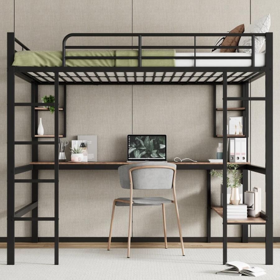 Merlooks 140x200cm bedframe metalen bed ijzeren bed met bureau hoogslaper met vier kleine planken en een grote boekenkast voor kinderen tieners en volwassenen zwart