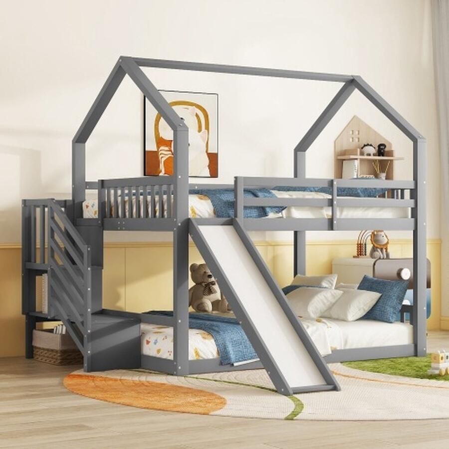 140x200cm stapelbed met opbergtrap en glijbaan huisbed kinderbed met reling geschikt voor kinderen tieners grijs