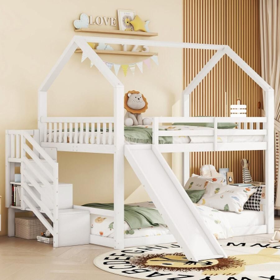 140x200cm stapelbed met opbergtrap en glijbaan huisbed kinderbed met reling geschikt voor kinderen tieners wit