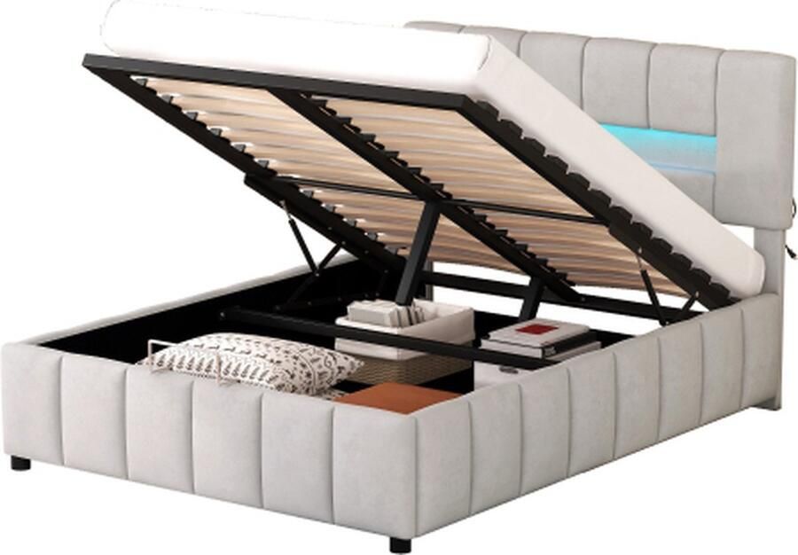 140x200cm tweepersoonsbed gestoffeerd bed familiebed platformbed met LED-verlichting modern bedframe met opbergruimte grijs