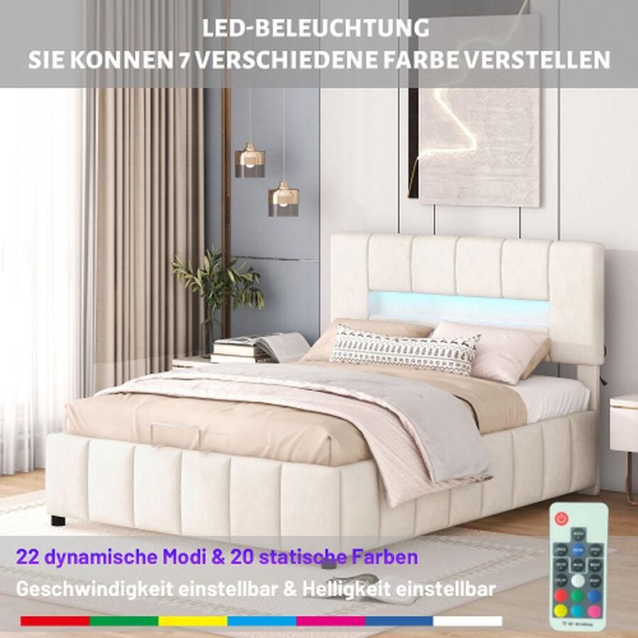 140x200cm tweepersoonsbed gestoffeerd bed familiebed platformbed met LED-verlichting modern bedframe met opbergruimte beige