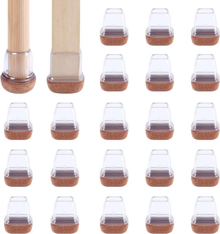 15-19mm stoelpootdoppen met vilten pads Transparante siliconen 24 stuks Elastische beschermkappen voor stoelpoten Vierkant rubber Dempen en krasbestendig stoelpootbeschermers met vilt 0.75''-1.25'' viltglijders