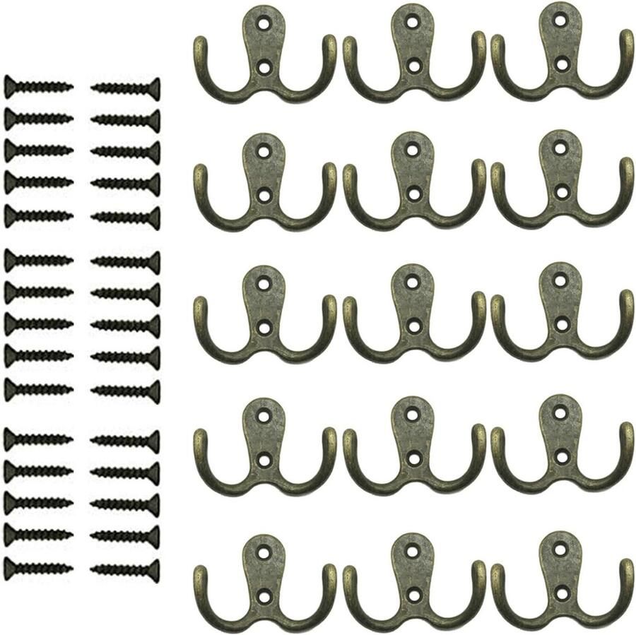15-delige set dubbele kapstokhaak van metaal voor jassen sjaals en tassen met retro design wandgemonteerd met schroeven