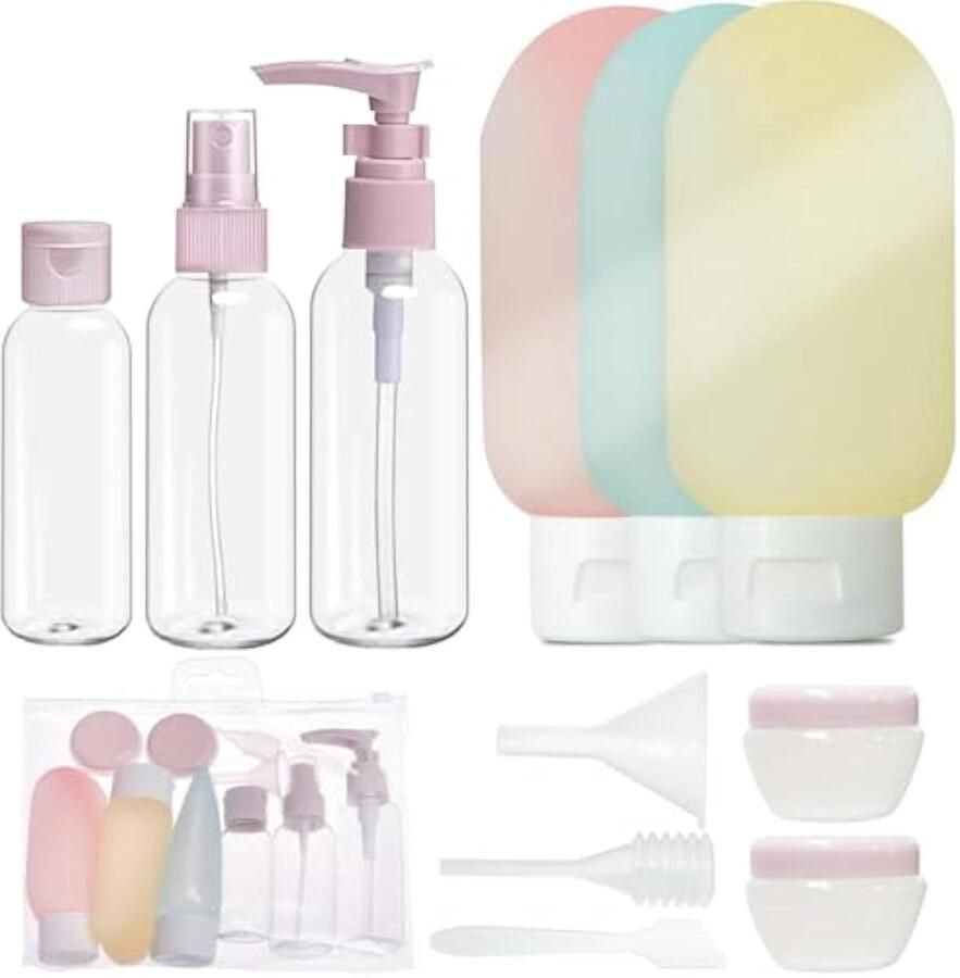 15-delige set reiscontainers lekvrij knijpbaar navulbaar met zakken voor cosmetica shampoo lotion vloeistoffen meerkleurig (KLEUR-2)