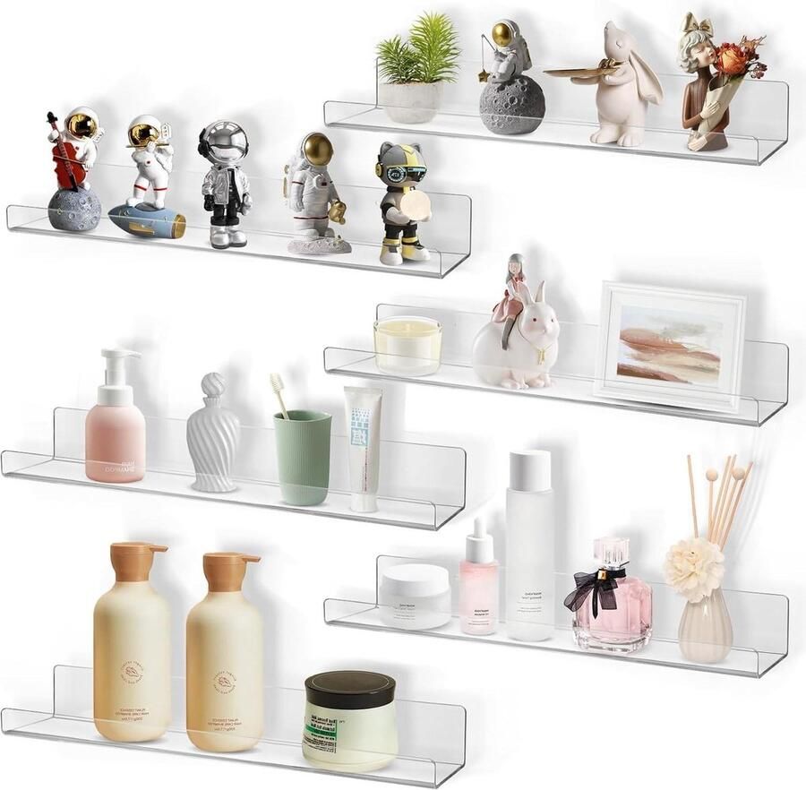 15-Inch Acryl Clear Planken 6-Pack voor Wandopslag Organizer Drijvende Plank Badkamer Keuken Hoge Transparantie Waterdichte Planken