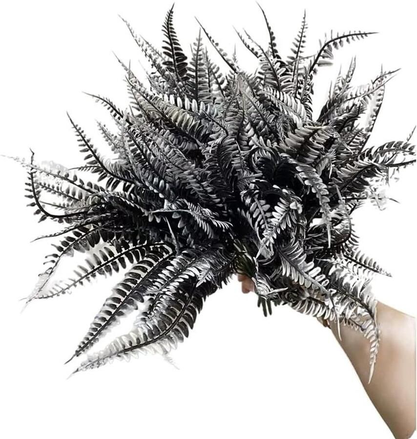 15 inch zwart witte kunstmatige Boston varen plant tropische Perzische bladeren stengels faux blad voor bloemstuk tafel middenstuk kransen bruiloft winkel achtergrond Halloween 8 stuks
