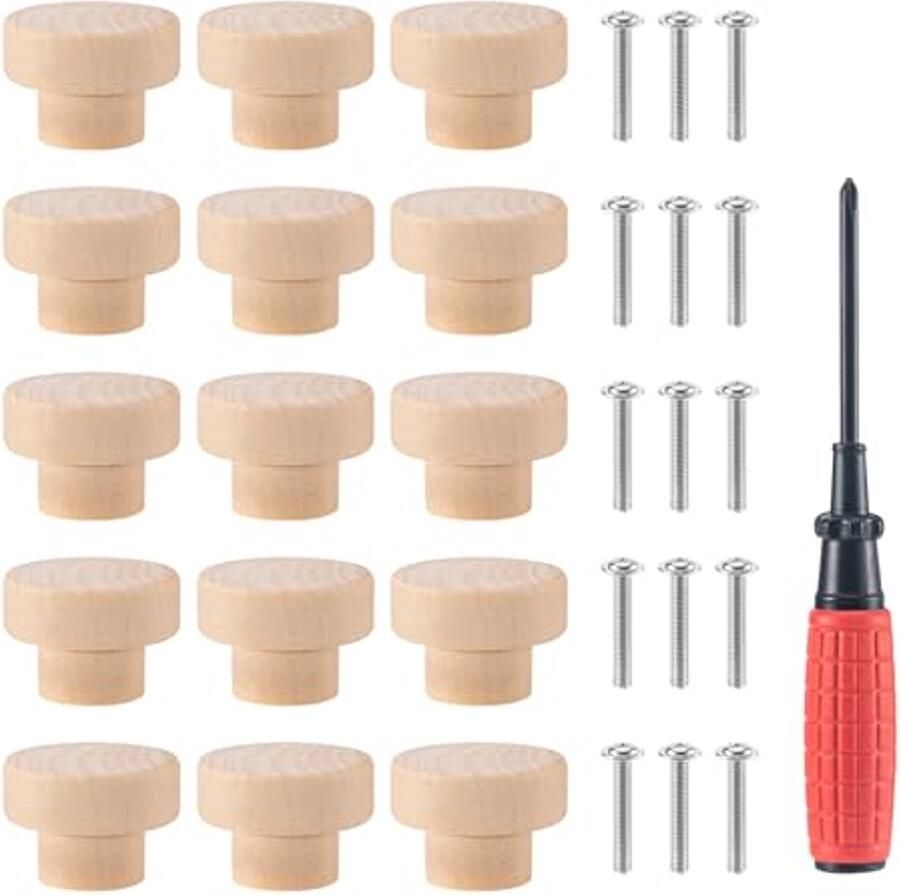 15 Stuks Houten Meubelknoppen voor Kasten en Laden Kastknoppen met Schroeven Rond 35 x 25 mm