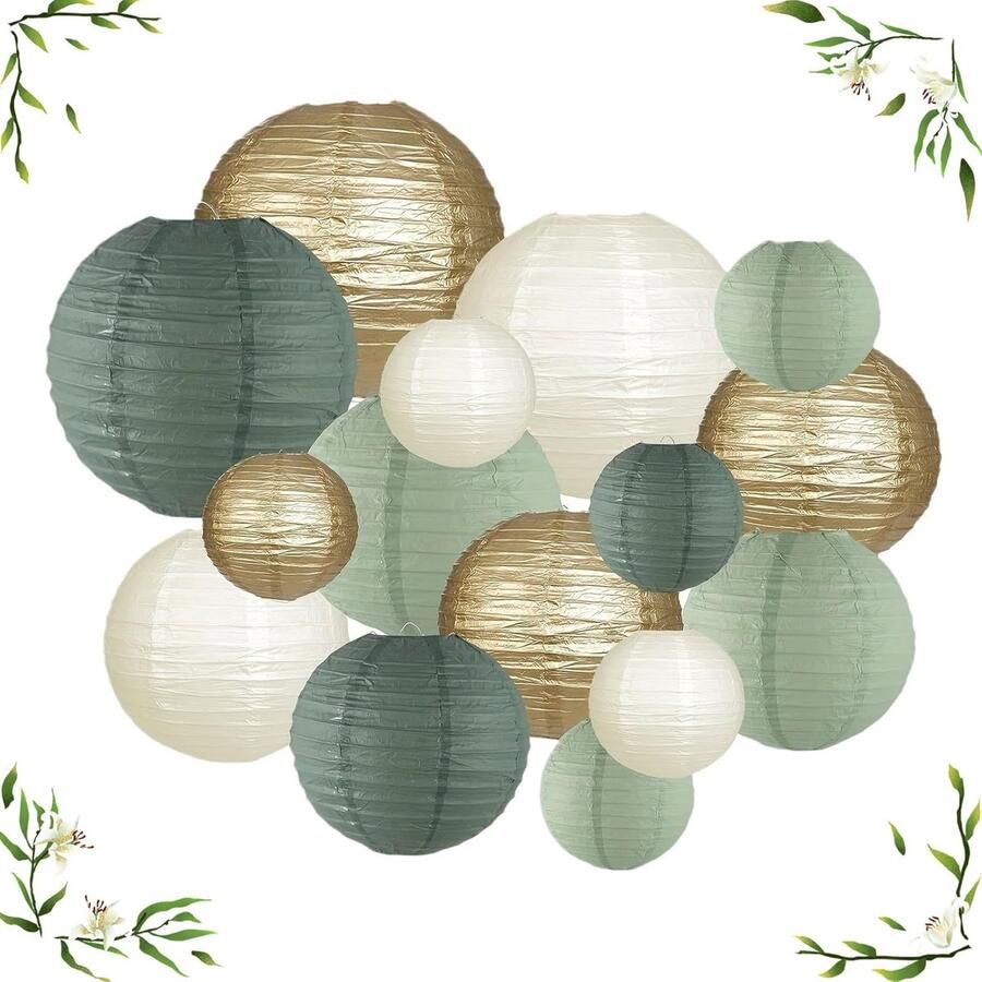 15 stuks lantaarns groene crème en gouden papieren lantaarns ronde lampenkappen grijsgroene papieren lantaarns ronde papieren lantaarns voor bruiloften geschikt voor bruiloftsdecoraties verjaardagsfeestjes tuinfeesten