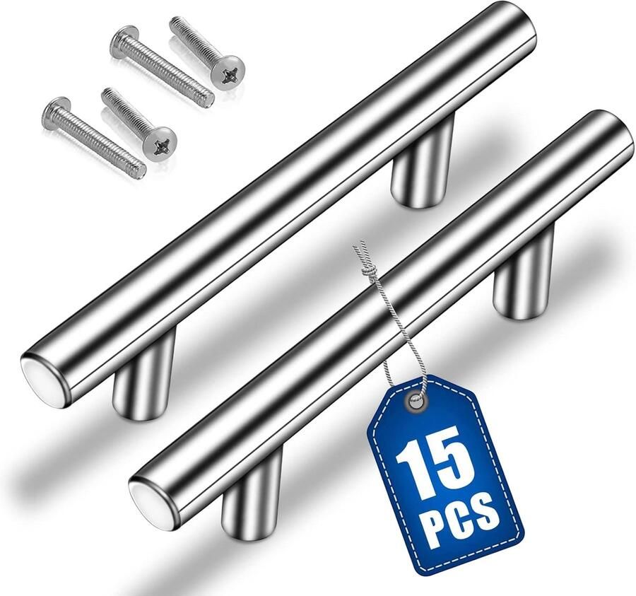 Famanu 15 stuks meubelgrepen keukengrepen zilverkleurig holle geborstelde kastgrepen deurgrepen van roestvrij staal met schroeven boorgatafstand 128 mm voor kast lade kledingkast kastdeur