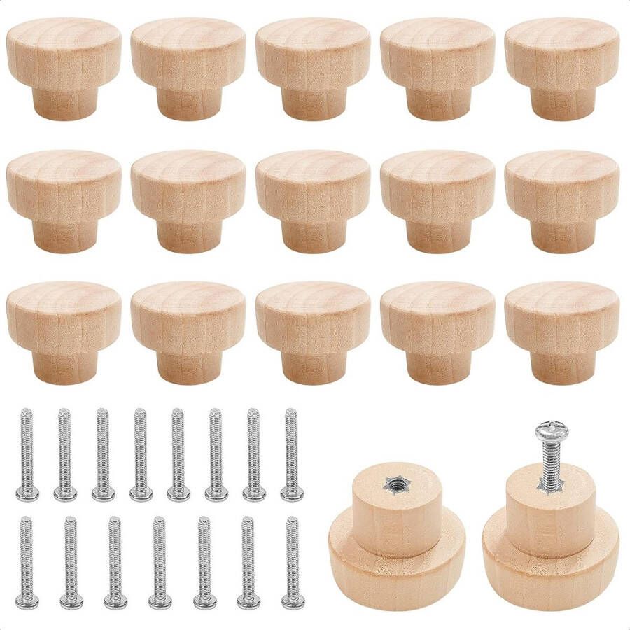 15 stuks meubelknoppen van hout houten knoppen commode houten kastknoppen knoppen voor kasten hout natuur ladegrepen voor kasten en laden ronde houten knoppen rond 25 x 35 mm