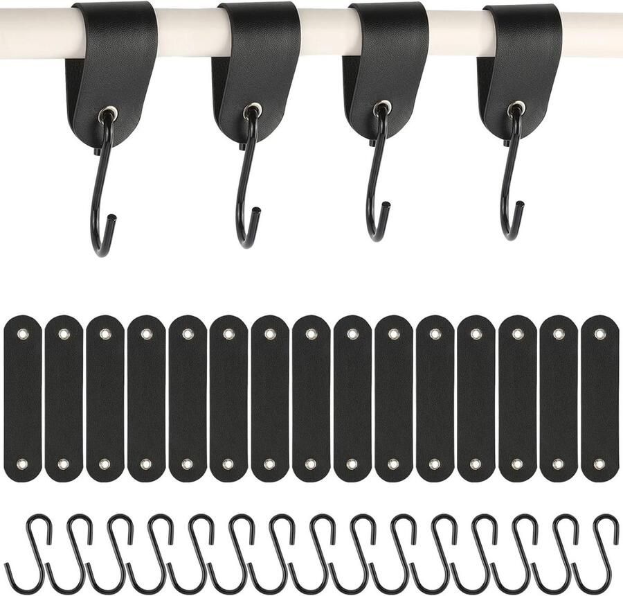15 stuks roestvrijstalen S-haken met leren lus zwart 125 x 3 cm ideaal voor ophangen van kleding in garderobe en op camping