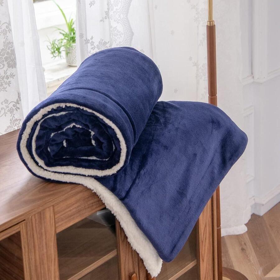 Sherpa fleece plaid deken 150 * 200 cm zachte gezellige pluizige omkeerbare microvezel massieve dekens voor bed bank sofa (marine twee- of tweepersoonsbed)