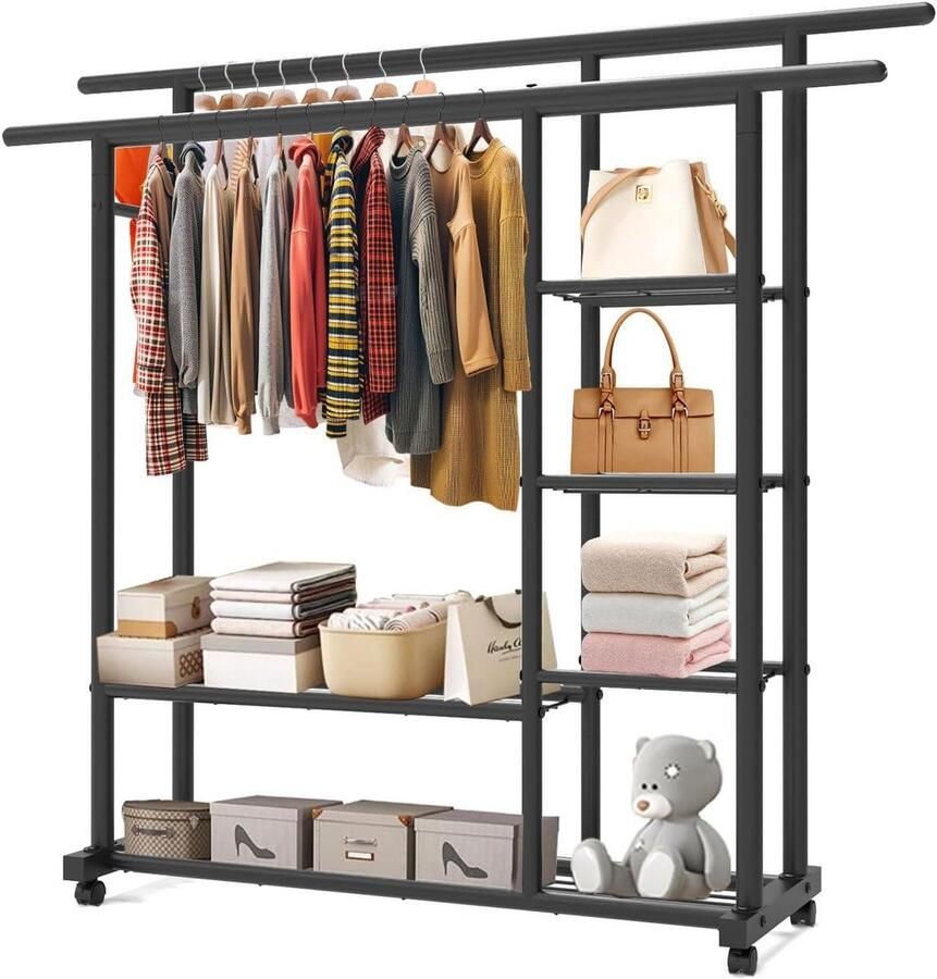 150 cm metalen kledingrek op wielen met zes niveaus opbergruimte en 2 ophangstangen