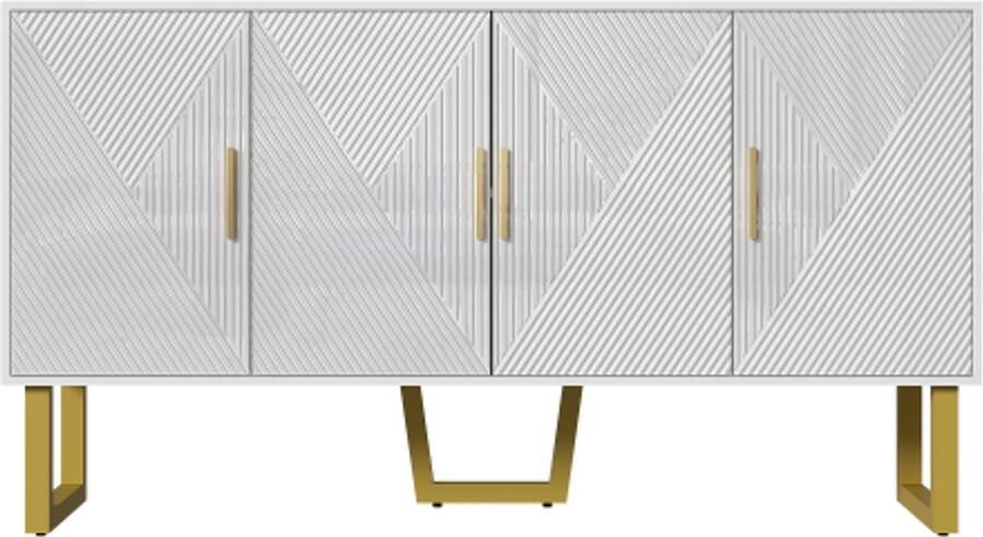 GOTAGEE 150 cm modern wit dressoir met hoogglans structuurdeuren en gouden handgrepen 4-deurs ontwerp in hoogte verstelbare planken