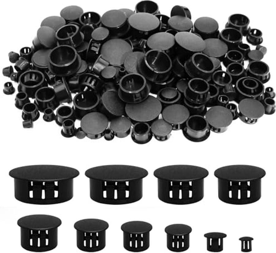 150 Stuks Afdekkappen voor Boorgaten Herbruikbare Zwarte Kunststof Gatstoppers voor Meubels in 10 Maten