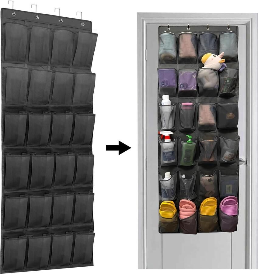 150*56 cm Schoenenorganizer voor over de deur Wandvak 24 grote ademende mesh-vakken schoenenrek hangende opbergruimte ademende opbergruimte voor in de kast voor over de deur sneakers zwart