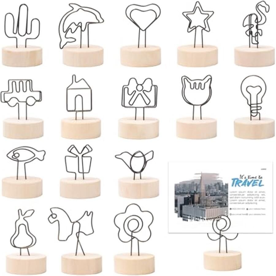 16-delige Houten Foto Houders met Clips Ronde Fotohouder met Houten Basis voor Tafel