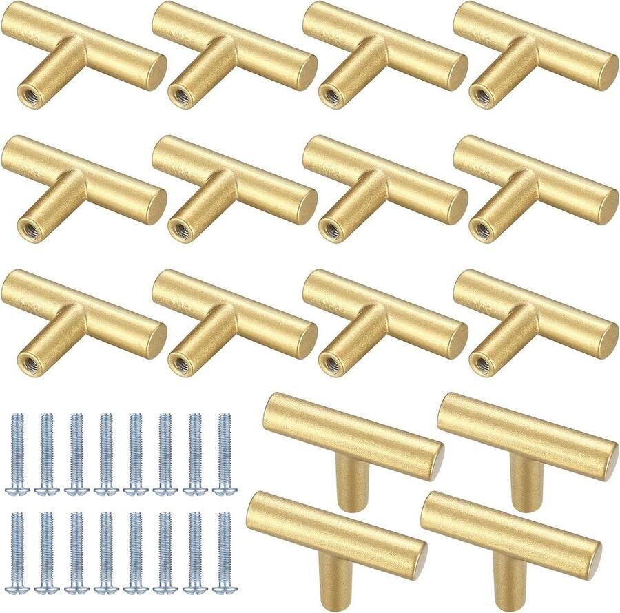 16-delige set Gouden Meubelknoppen in T-vorm + Schroeven Voor Kasten en Laden