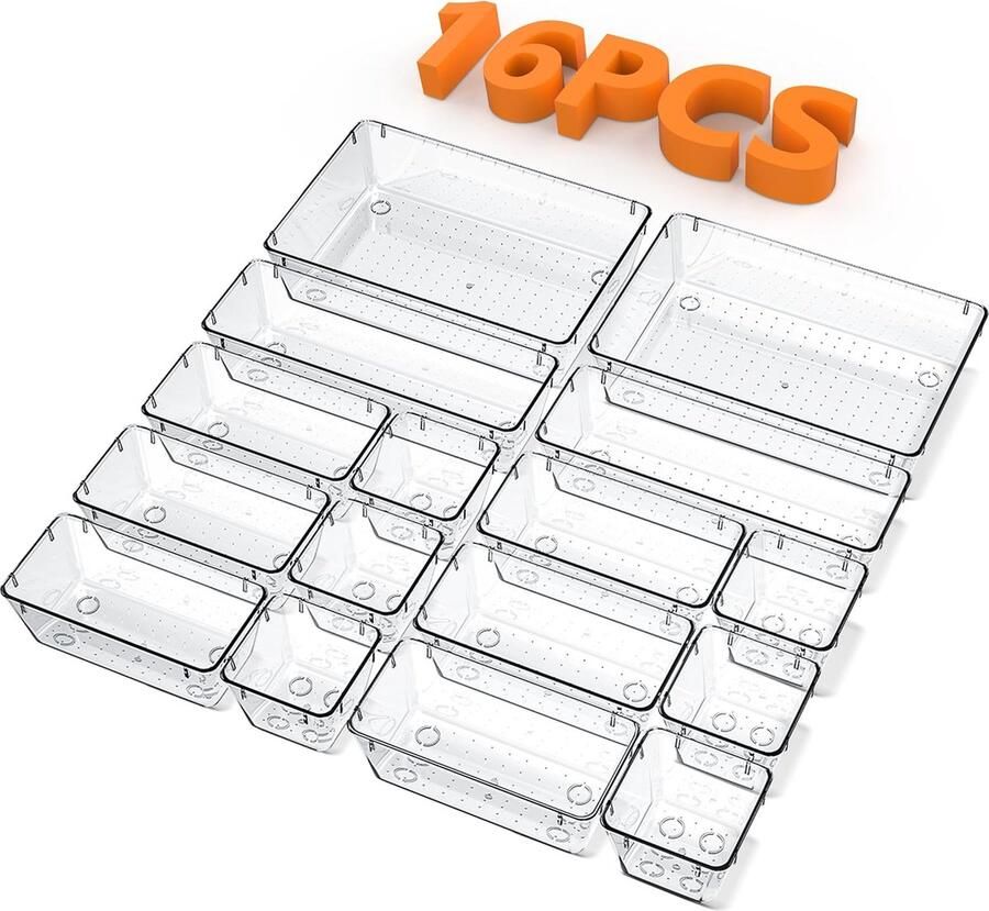 16-delige Set Organizers voor Lade: Ideaal voor Make-Up Keuken en Kantoor
