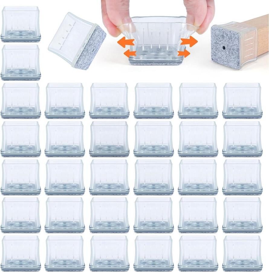 16-delige Stoelpootbeschermers Set voor Hardhouten Vloeren Siliconen Transparant Vierkant Met Viltkussens en Metalen Afdichting Geschikt voor Vierkante Poten van 30-35 mm Anti-Krassen Bescherming