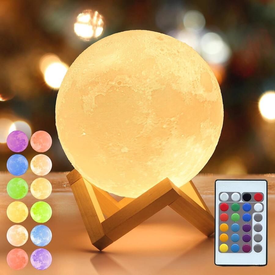 16 Kleuren 3D Maan Lamp Houten Standaard 47 inch Afstandsbediening USB Opladen LED Nachtlampje Lamp voor Kinderen Meisjes Slaapkamer Woondecoratie Geschenken Vrouwen