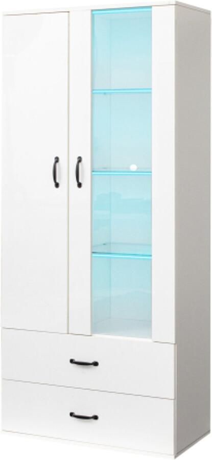 GOTAGEE 16 kleuren LED-vitrinekast 2 deuren 2 laden met glazen deuren staande vitrinekast witte woonkamerkast hoge boekenkast