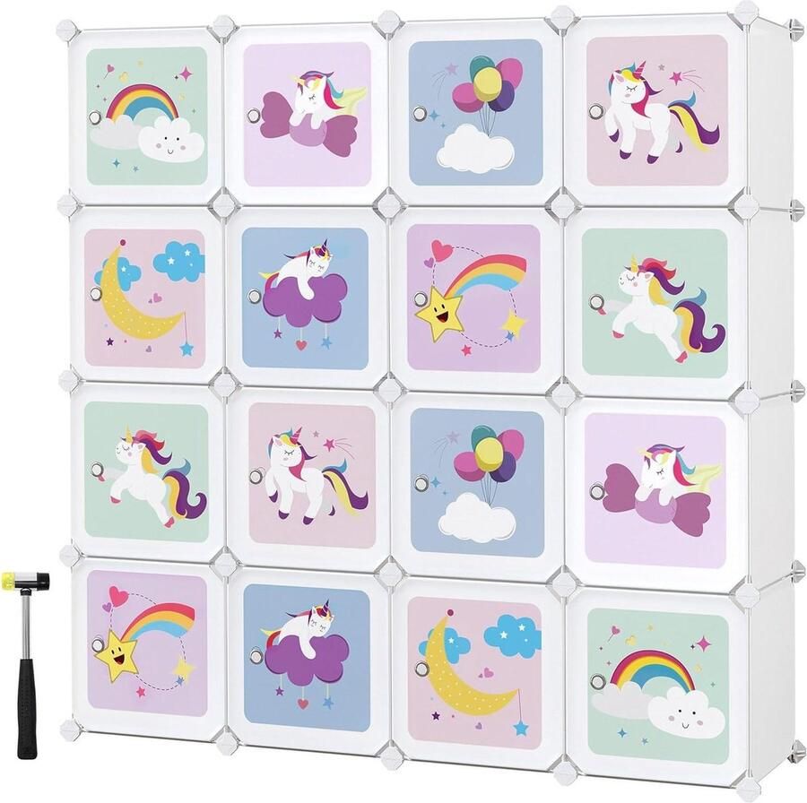 16-kubus Reksysteem Opbergkast voor kinderen Kledingkast met deuren Schoenenrek van kunststof Multifunctioneel speelgoed en schoenen opbergrek 123 x 31 x 123 cm Wit