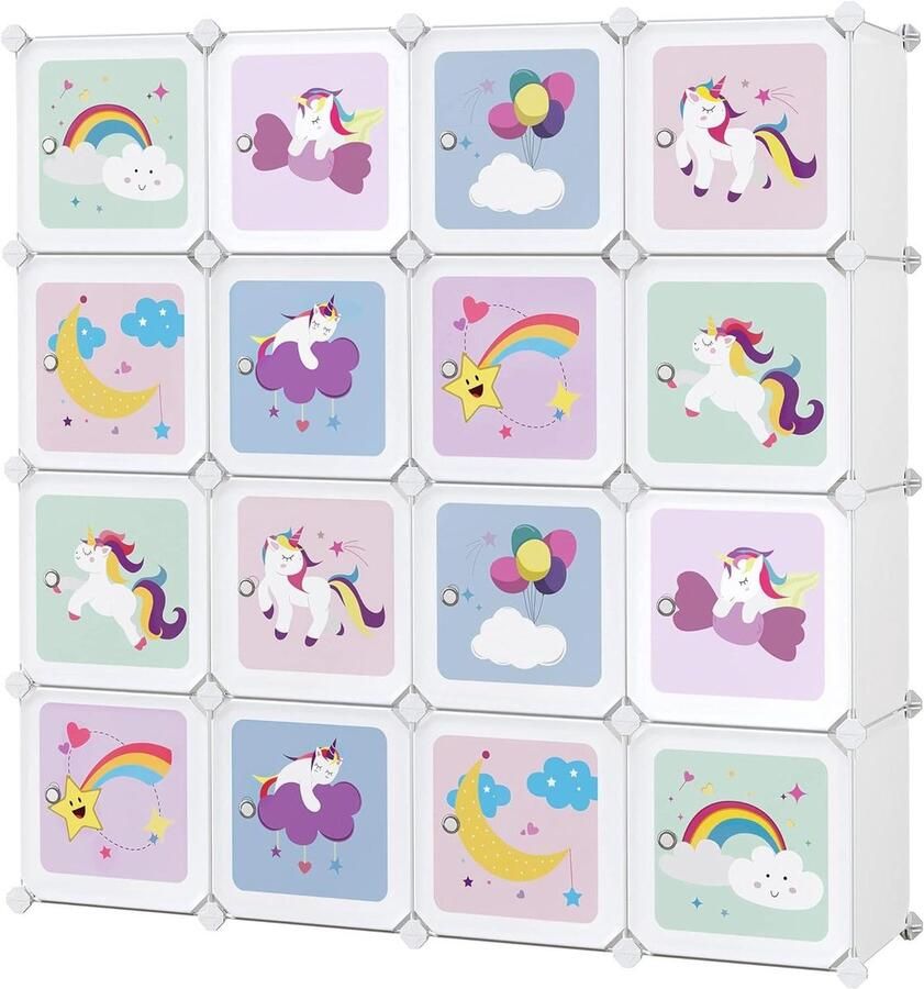 16-kubussen opbergsysteem voor kinderen Kledingkast met deuren en schoenenrek Multifunctioneel steekrek Wit 123 x 31 x 123 cm