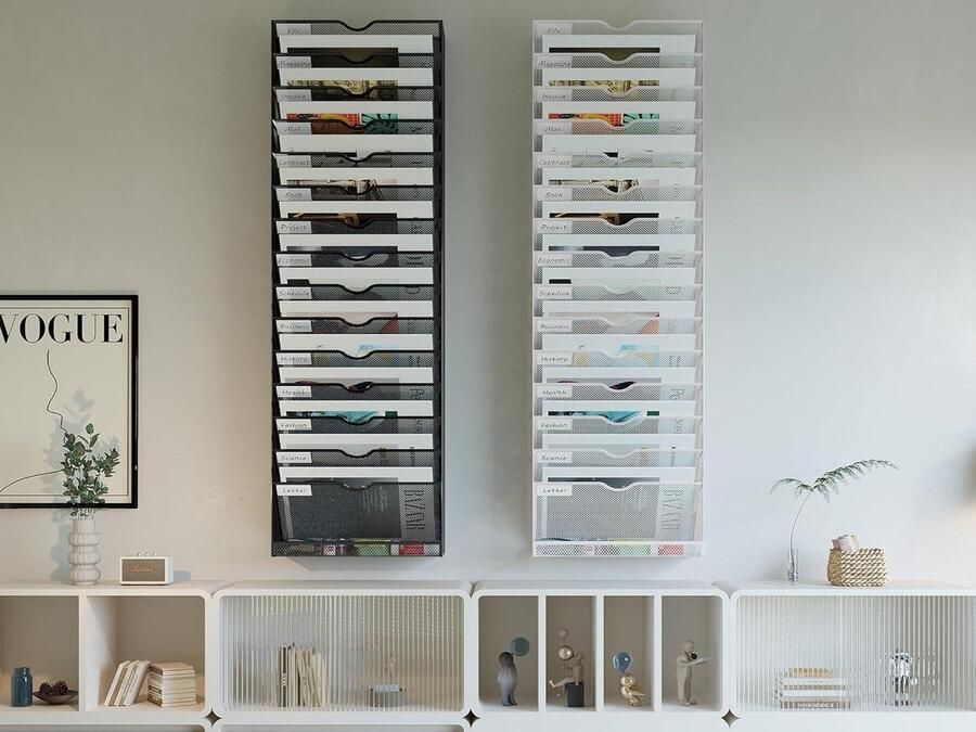16-Laags A4 Mesh Bureau Organisator met Muurmontage Wit Tijdschrift en Post Opbergrek