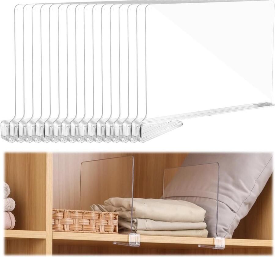 16 Pcs Transparent Acrylic Shelf Dividers Clothes Storage Organization Rack Without Drilling for Bedroom Kitchen Wardrobe