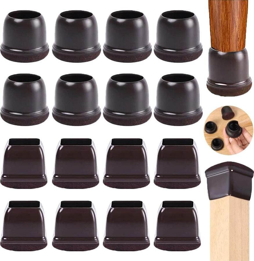 16 Stuks Beschermende Doppen voor Rechthoekige en Ronde Stoelpoten Bruin
