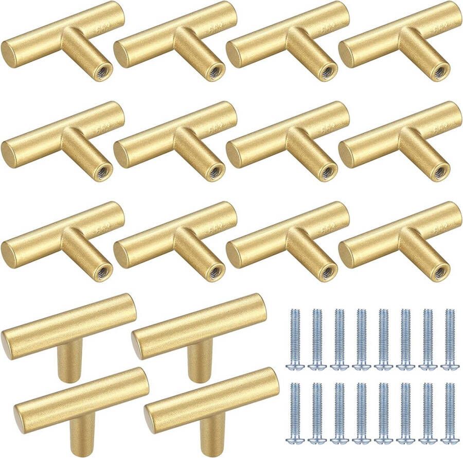 16 stuks gouden meubelknoppen enkelgats T-handgrepen T-vormige stanggreep kastknoppen gouden knoppen voor kast lade en commode (incl. 16 schroeven)