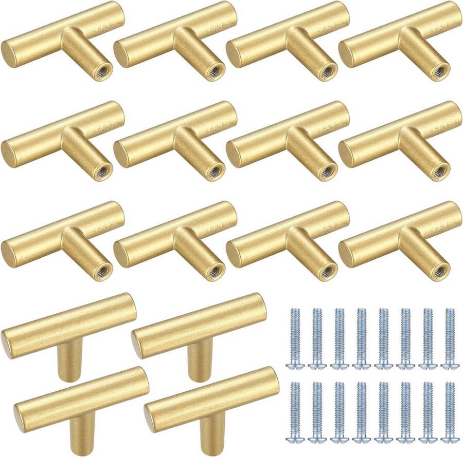 16 stuks gouden meubelknoppen T-grepen met één gat T-vormige stanggreep kastknoppen gouden knopen voor kast lade en ladekast (inclusief 16 schroeven)