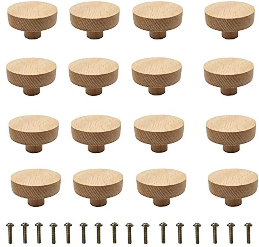 16 Stuks Houten Meubelknoppen Ronde Ladeknoppen voor Keuken en Kasten
